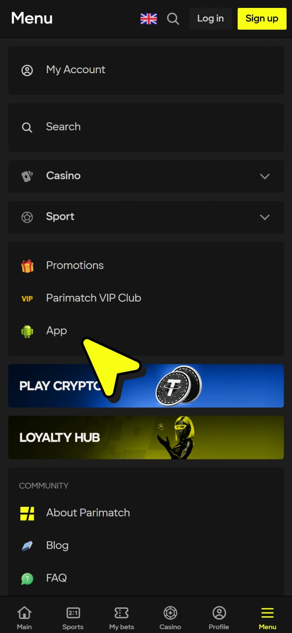 Find app page at the Parimatch menu to get Parimatch android APK.