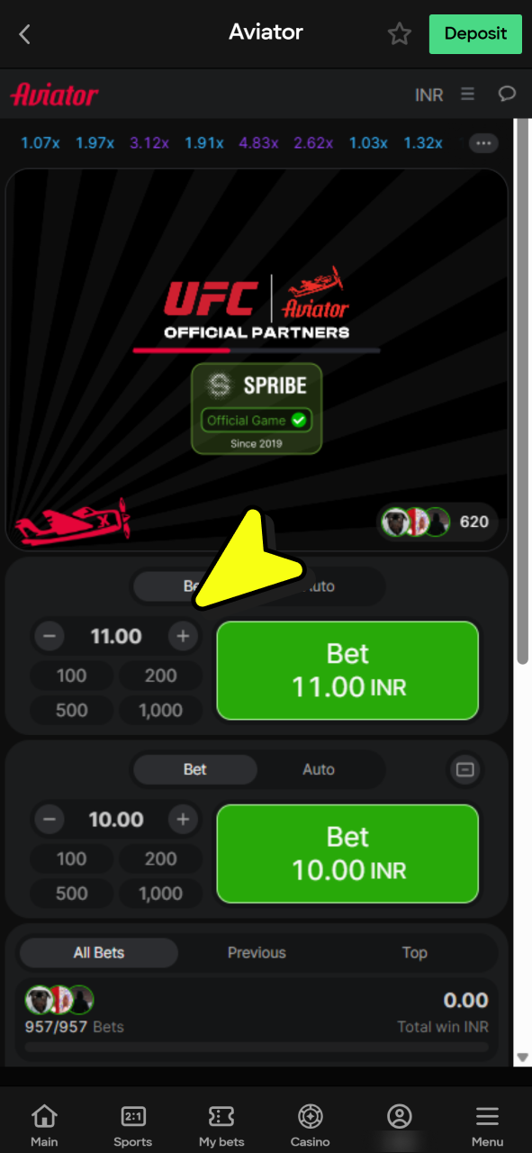Set up your bets for Aviator gaming at Parimatch casino.