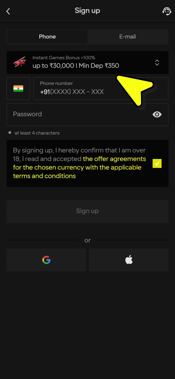 Fill account details to join Parimatch and play Aviator.