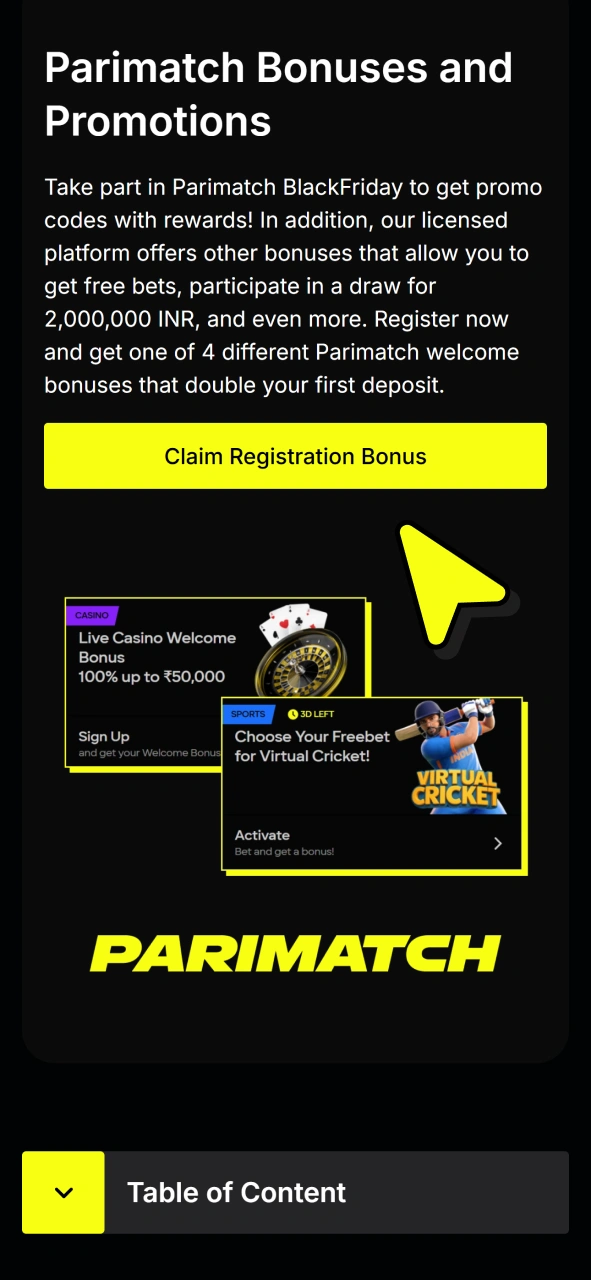 Go to Parimatch official website using link on this page to get your welcome bonus.