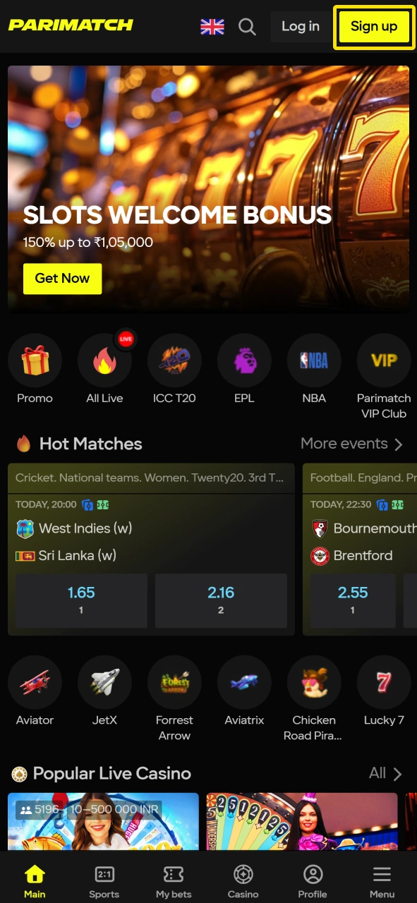 Find registration button to get Parimatch account and play casino games.