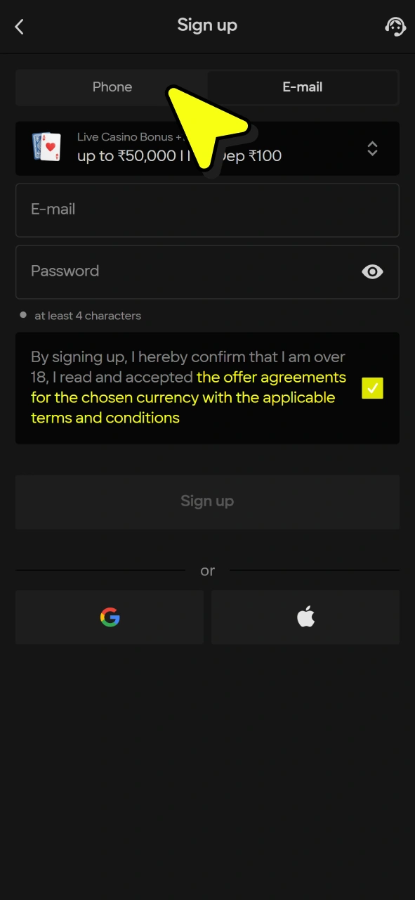 CHoose registration method for your Parimatch account for Crazy Time playing.