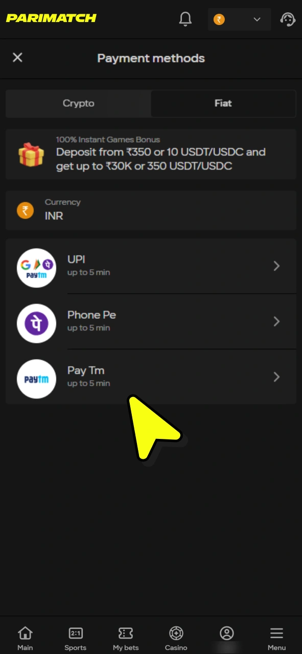 Fund your Parimatch account for your future cricket bets.