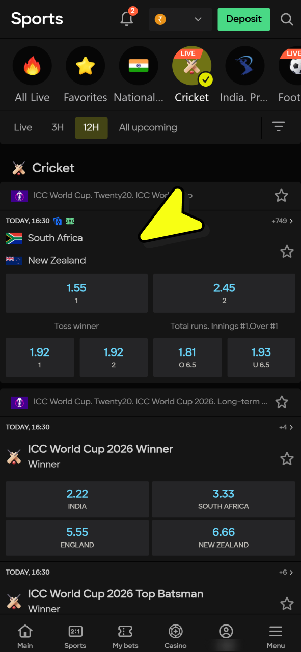 Open Parimatch sportsbook and choose cricket to see matches.