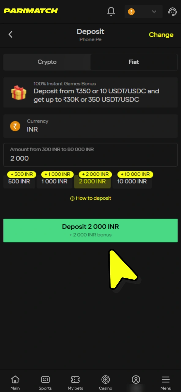 Click deposit button and complete new form to fund your Parimatch account.