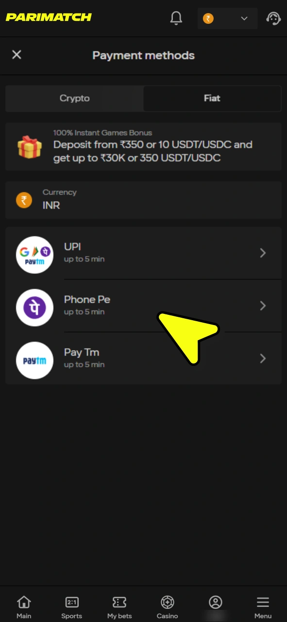 Select fiat or crypto and choose Parimatch deposit method.