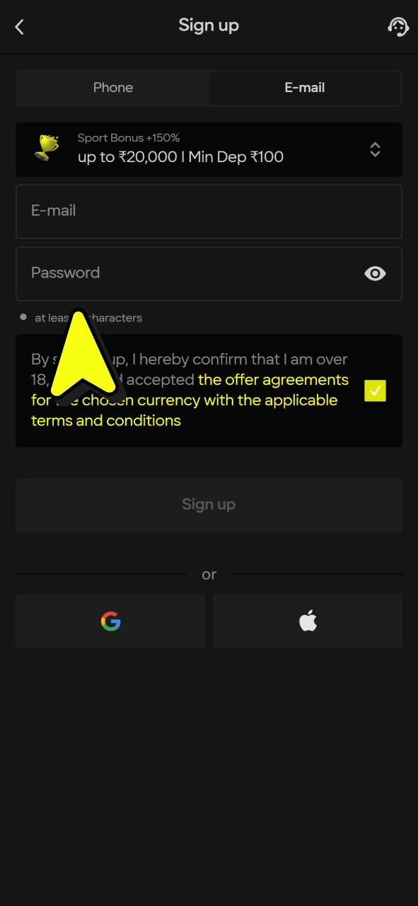 Fill in all fields to create Parimatch account and start betting on football matches.