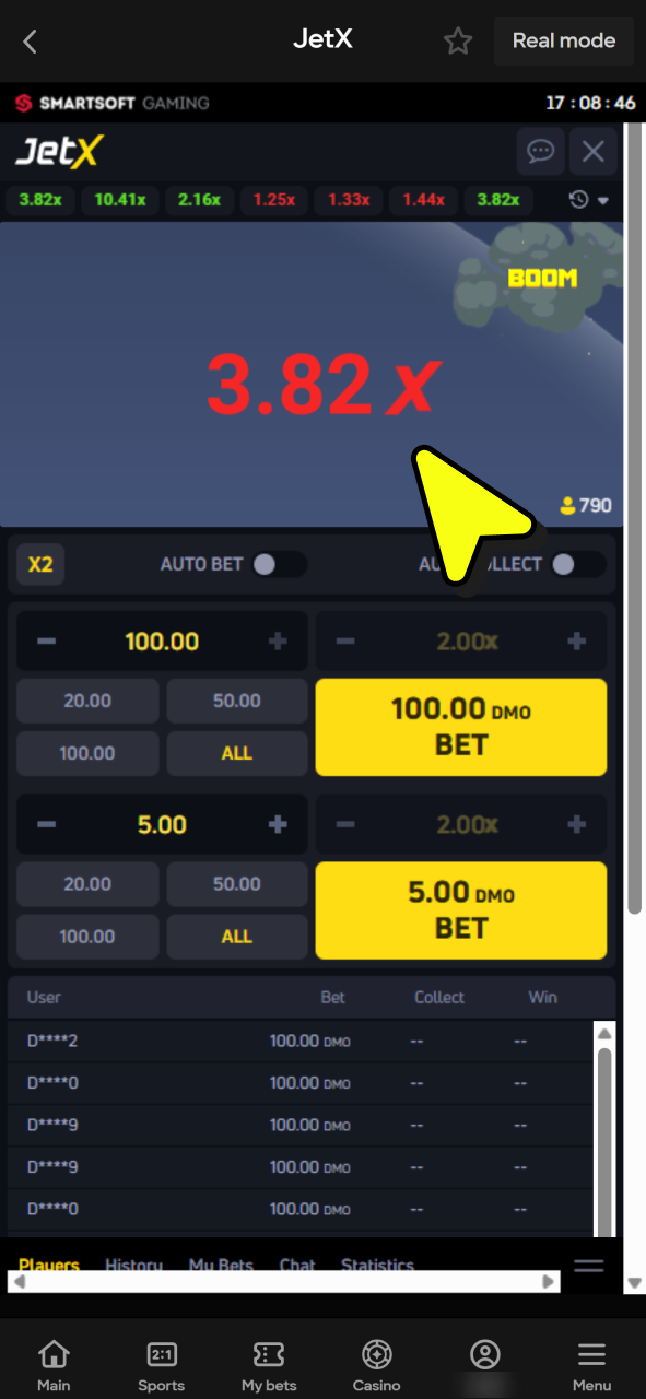 Try your best to cash out before plane explosion at Parimatch JetX instant game.