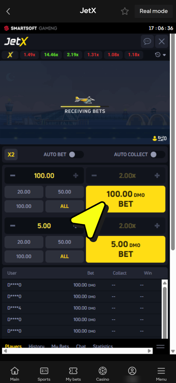 Set bets at the JetX round start to play at Parimatch casino.