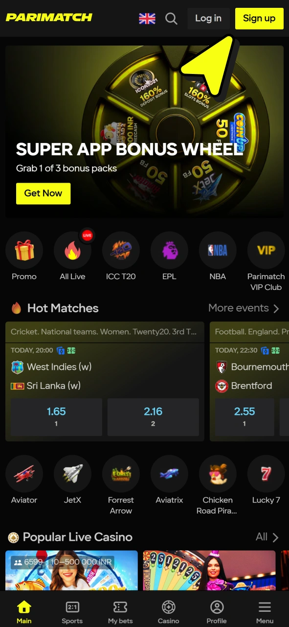 Find sign up button to join Parimatch and play JetX.