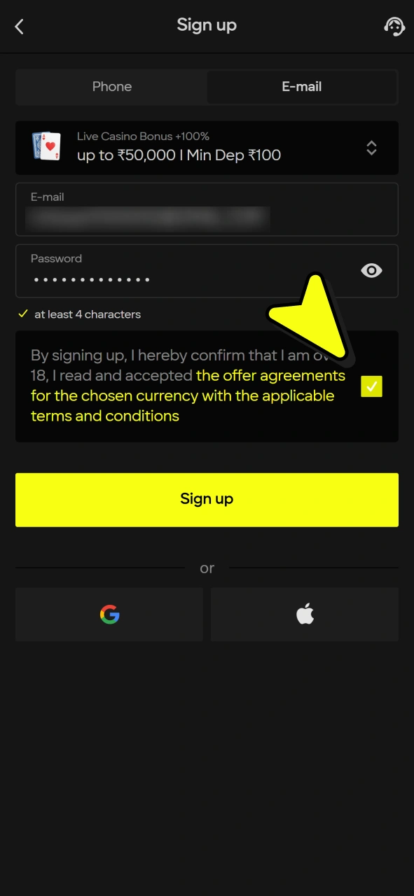 Agree to terms to complete registration and start playing Parimatch Lightning Storm game.