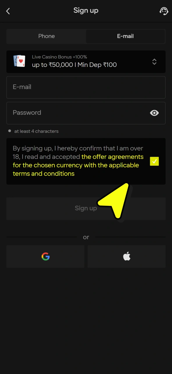 Select registration method to join Parimatch to play Lightning Storm.