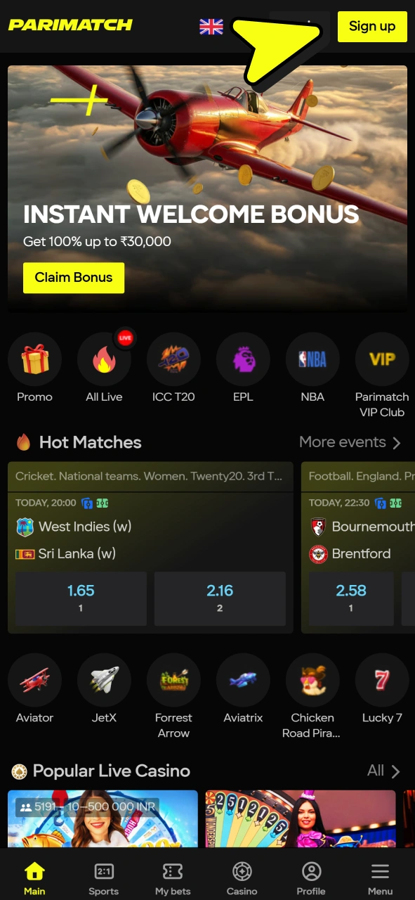 Press this button to join Parimatch and play Mines games.