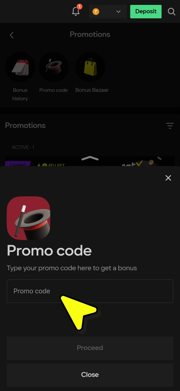 Insert promo code in the field to activate it at Parimatch India.