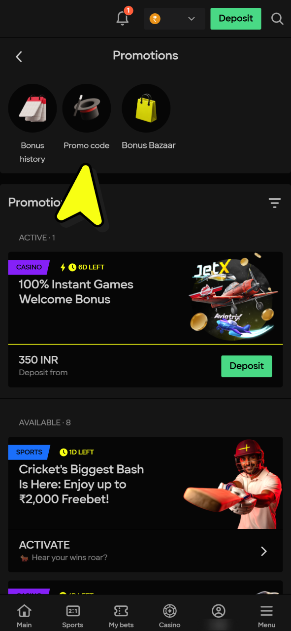 Visit Parimatch promotions page to activate promo code.