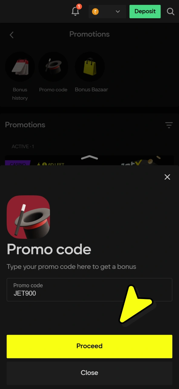 Type in the promo code in the field and proceed to get bonuses at Parimatch casino.