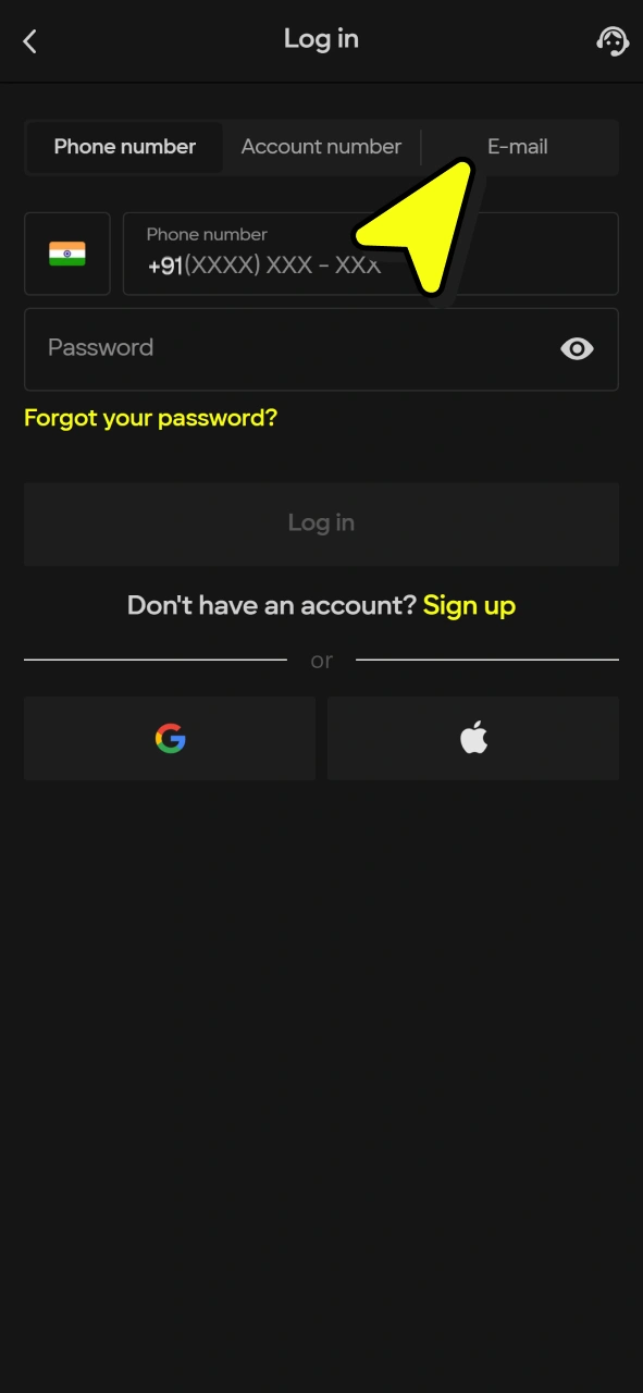 Choose login method to type in your login data at Parimatch.