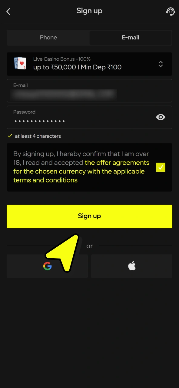 Agree to terms and click sign up button to join Parimatch.