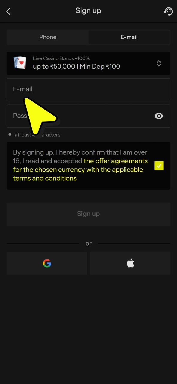Enter your email or phone and create strong password to join Parimatch.