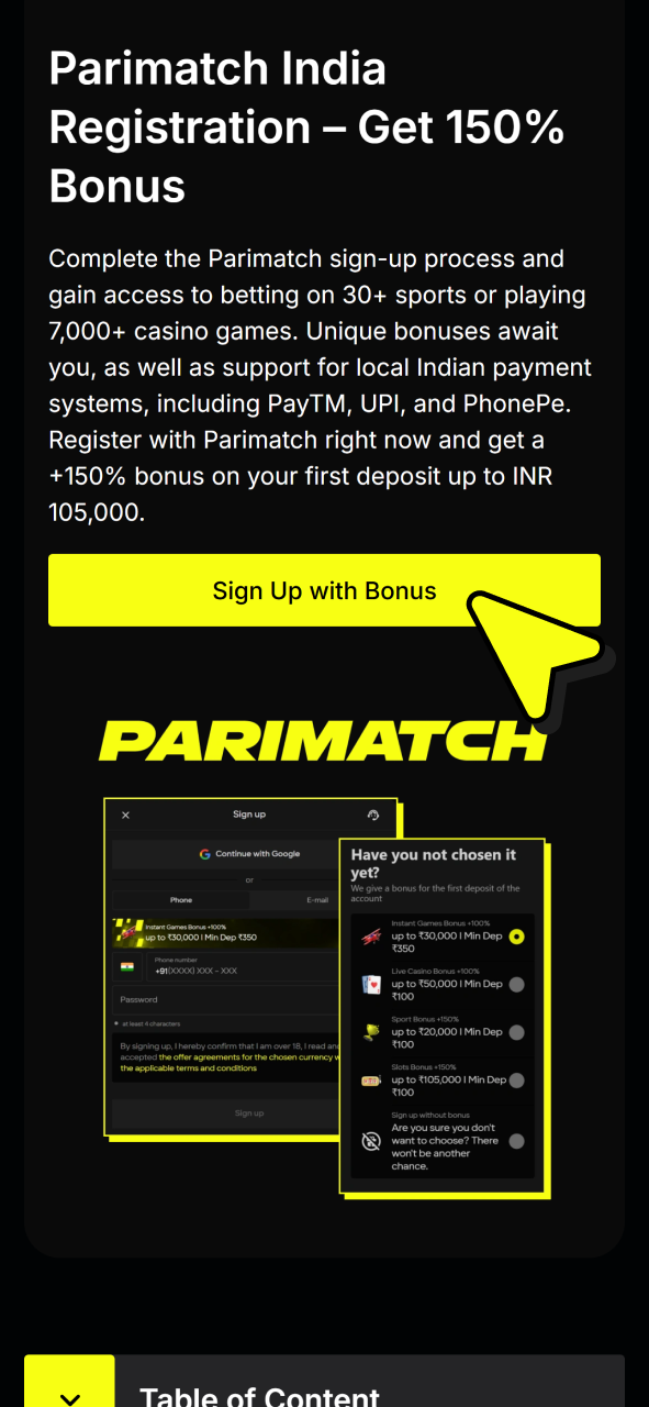 Press button on this page to join Parimatch casino.