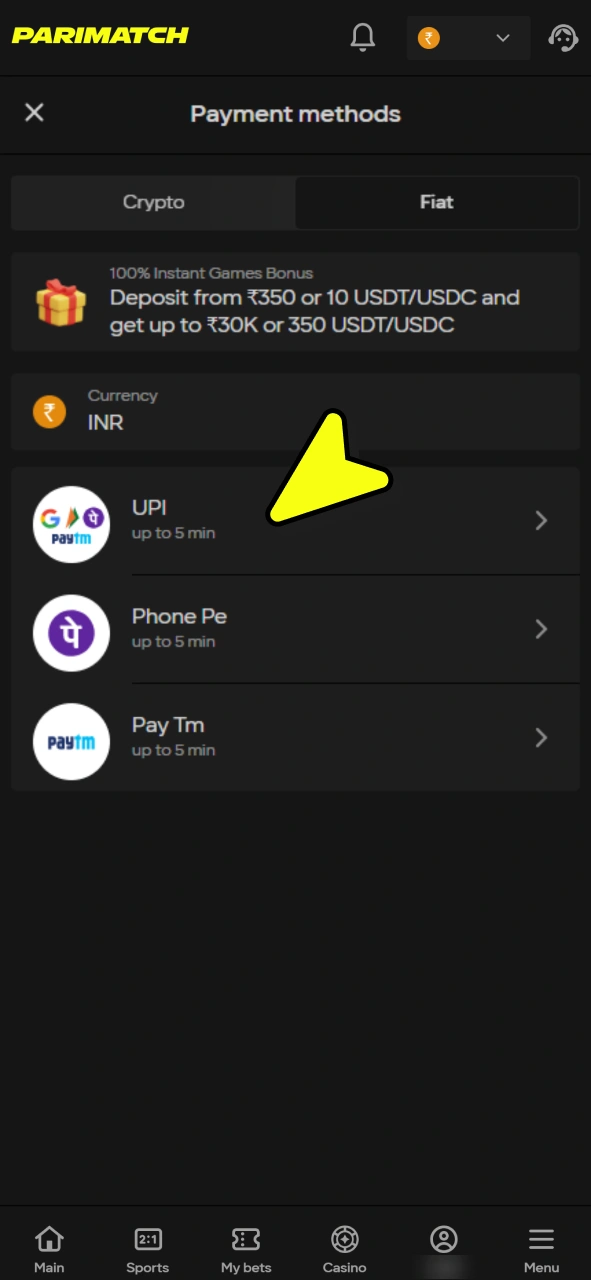 Deposit for your Parimatch sports bets.